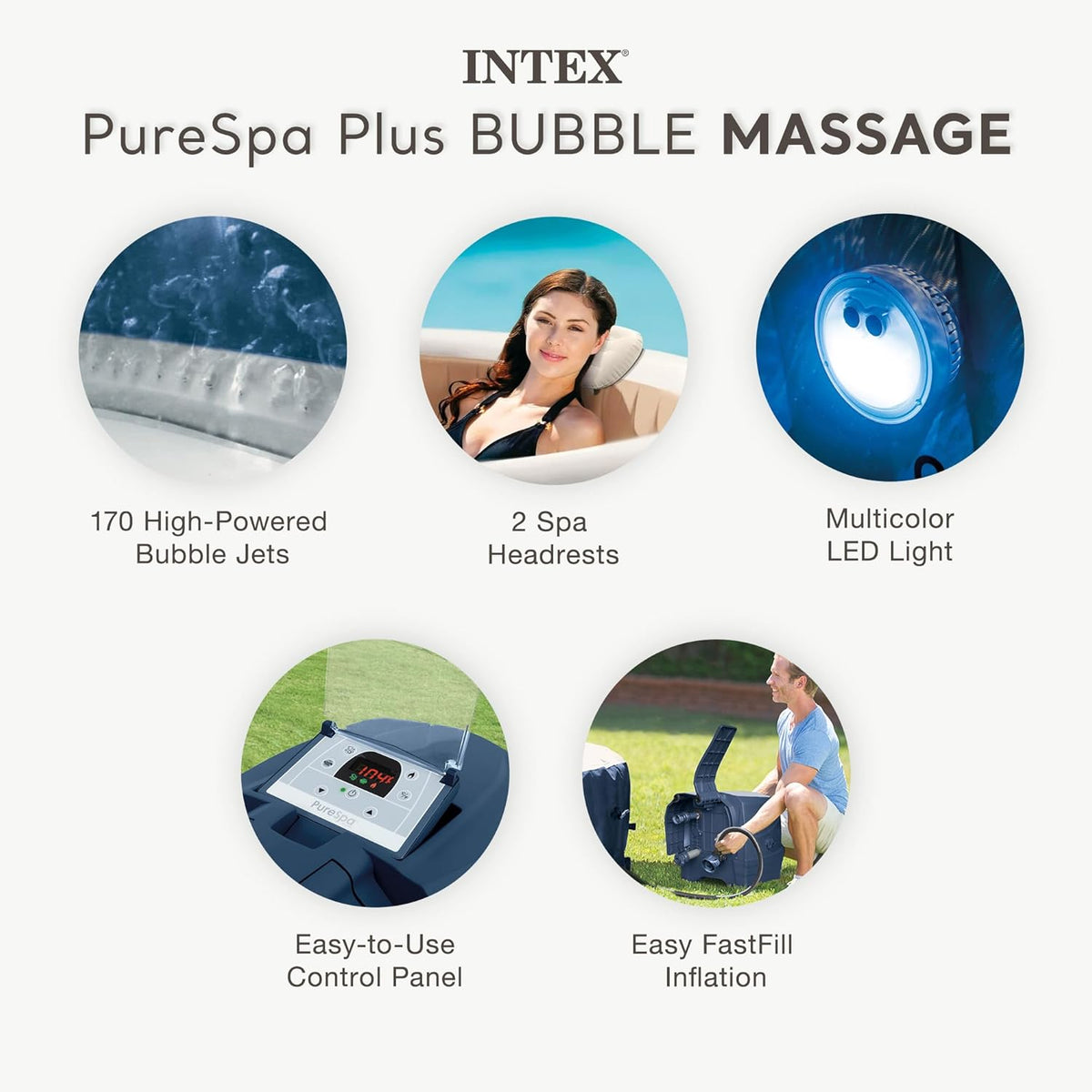 INTEX 28431EP PureSpa Plus Bubble Massage Inflatable Spa Set: Includes Energy Efficient Spa Cover C2 Headrests C LED Light C 6 Person Capacity C 85"
