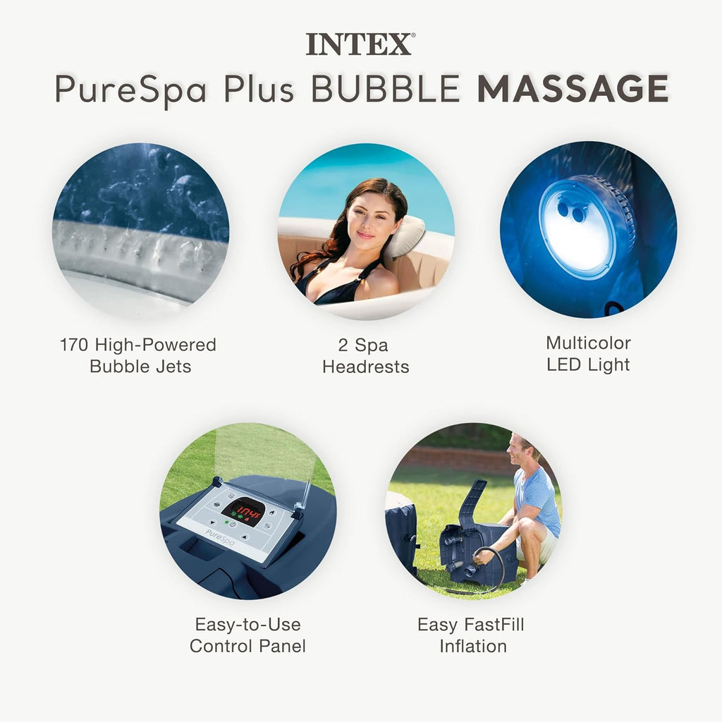 INTEX 28429EP PureSpa Plus Bubble Massage Spa Set: Includes C 2 Contoured Headrest C LED Light C 4 Person Capacity C 77" x 28"