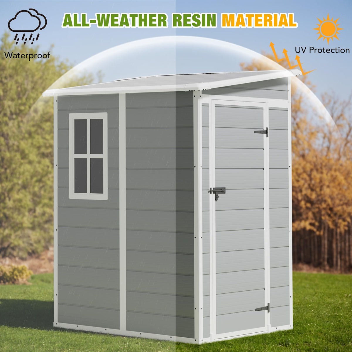 Greesum Outdoor Storage Shed 6X4FT All-Weather Resin Tool Room with Floor for Garden,Backyard,Pool Tool, Light Grey