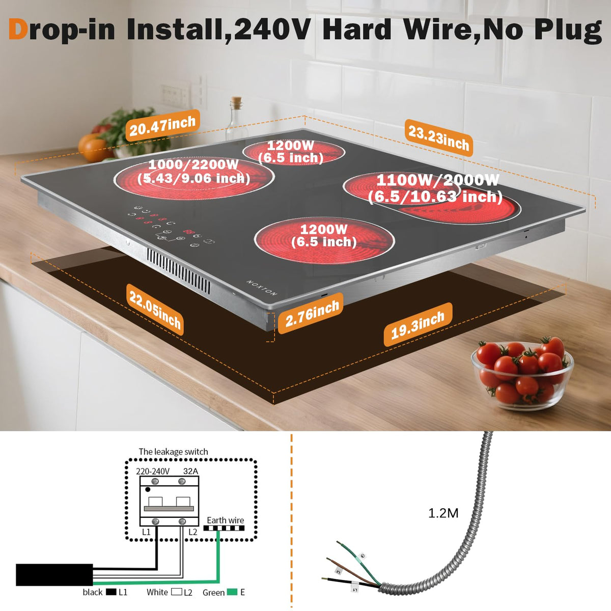 Noxton 30 Inch Electric Cooktop, 8400W 5 Burners Built-in Radiant Electric Stove Top, Slider Control, 9 Power Levels, Child Safety Lock, Timer, 220