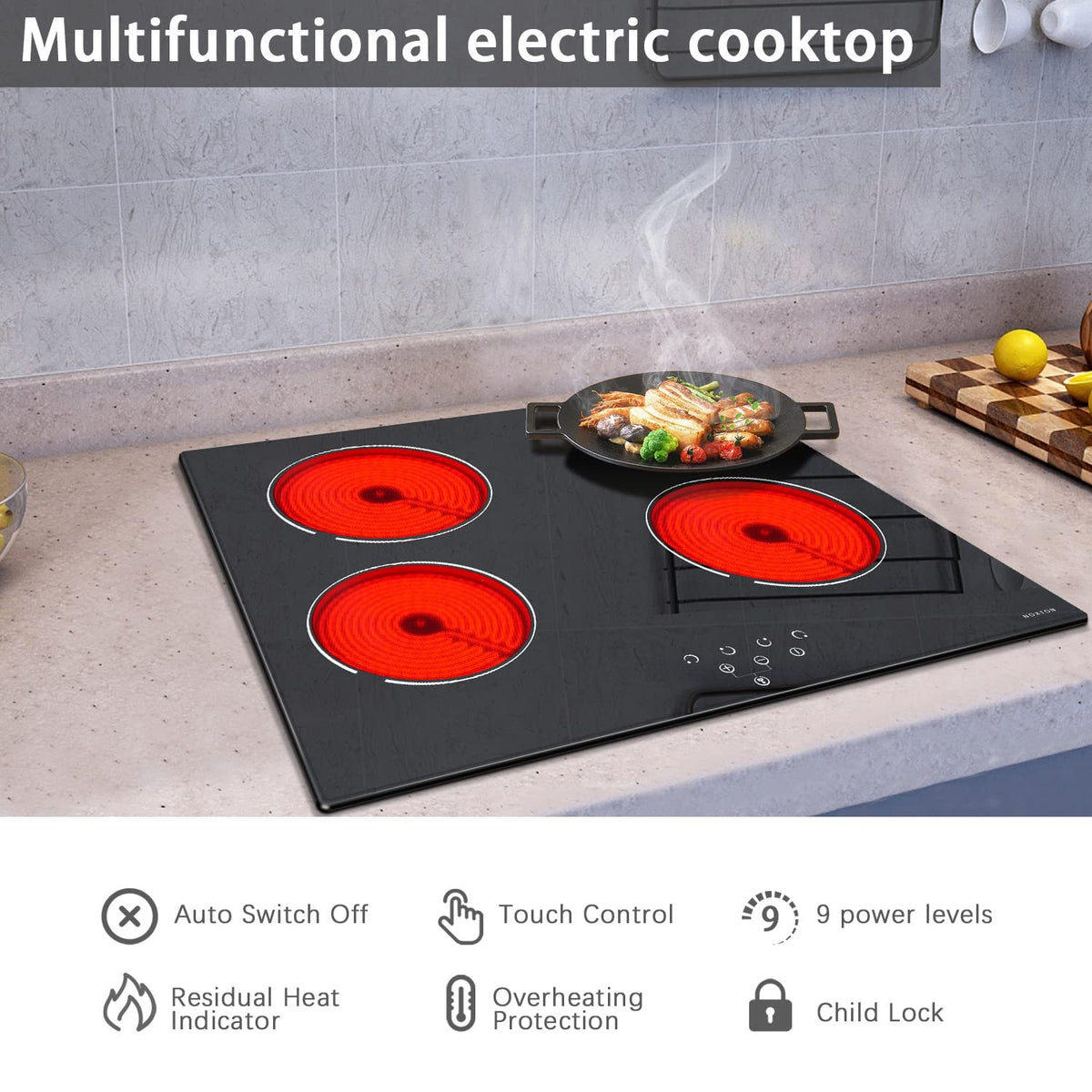 Noxton 30 Inch Electric Cooktop, 8400W 5 Burners Built-in Radiant Electric Stove Top, Slider Control, 9 Power Levels, Child Safety Lock, Timer, 220