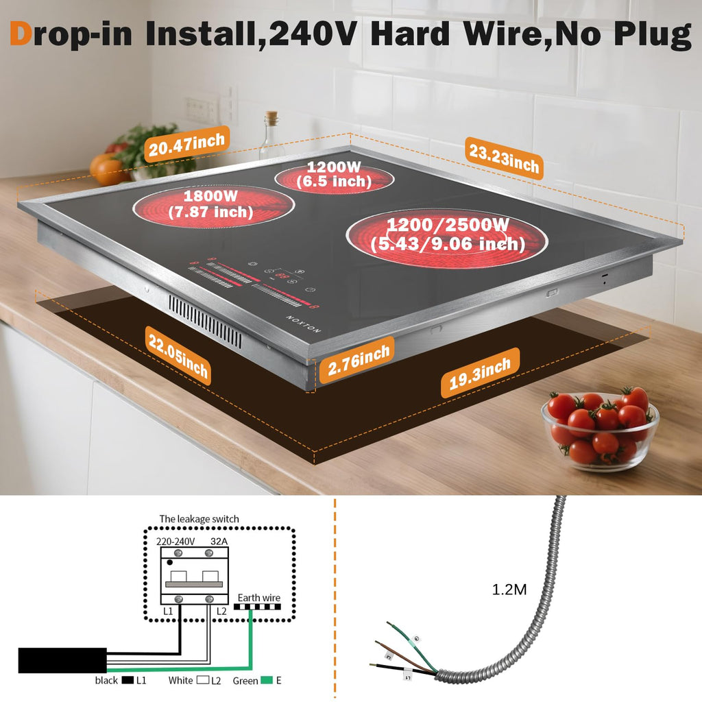 Noxton 30 Inch Electric Cooktop, 8400W 5 Burners Built-in Radiant Electric Stove Top, Slider Control, 9 Power Levels, Child Safety Lock, Timer, 220
