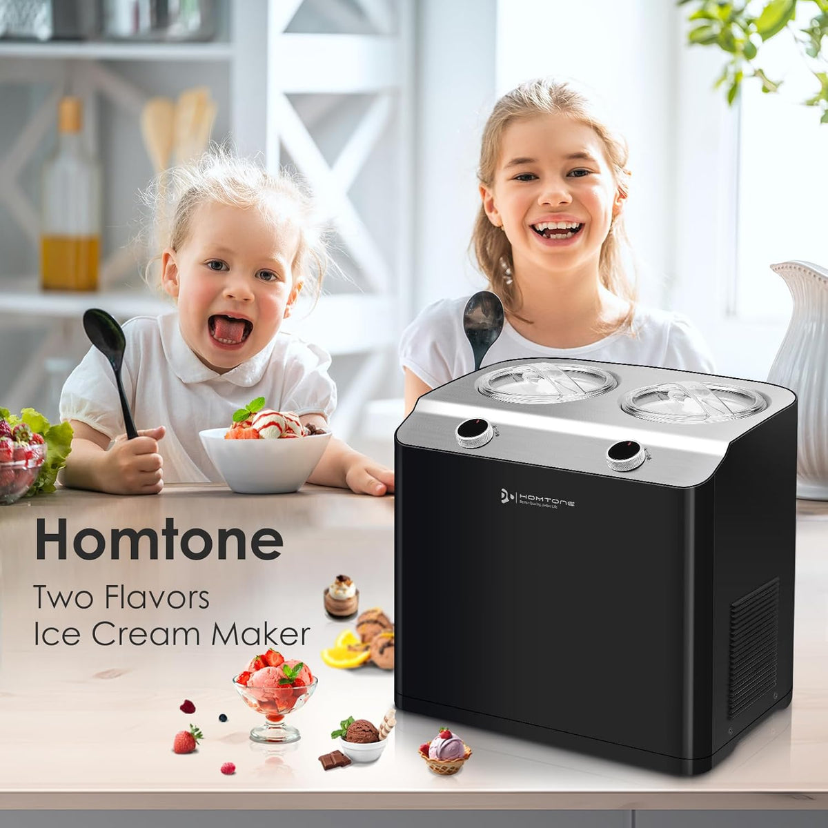 Homtone 2 Flavor Ice Cream Maker, 2.6QT (2 x 1.3qt) Compressor Largest Capacity & Fast Freezing Ice Cream Machine with 2 Bowls, Easy Operate & Clean