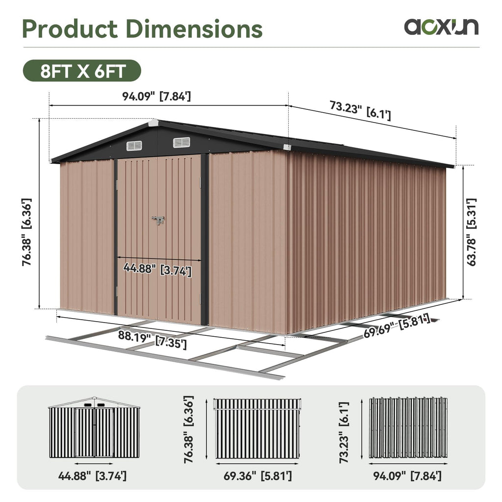 Aoxun 7.4x5.3FT Shed with Floor Galvanized Steel Outdoor Storage Shed Metal Garden Shed with Double Doors, 15mm Moisture-Proof Floor & Ventilation