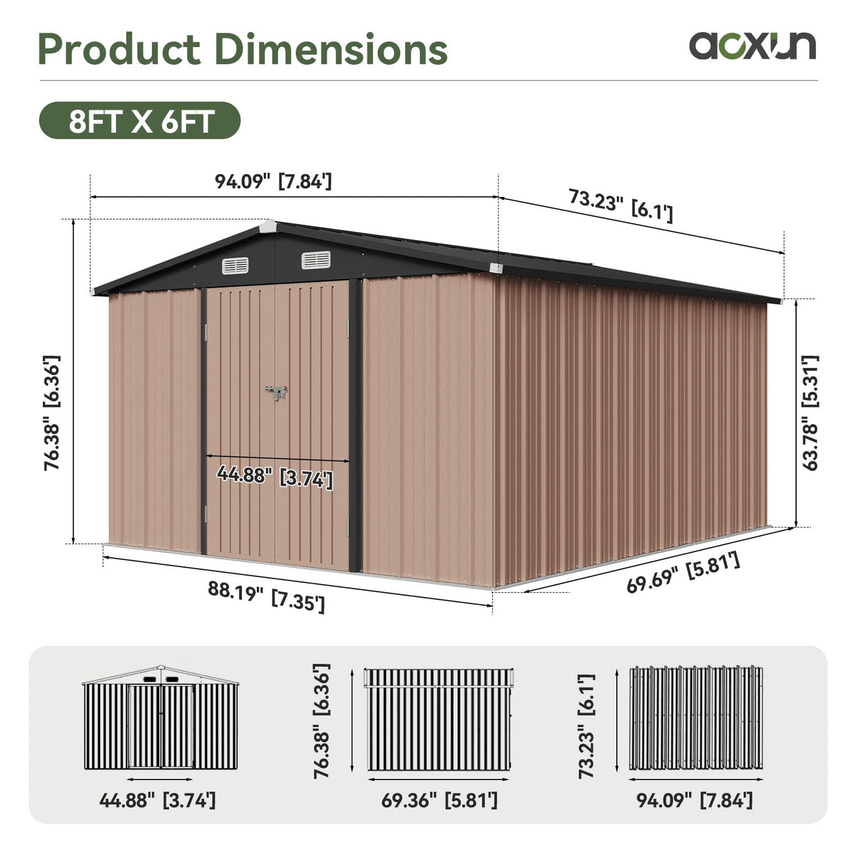 Aoxun 7.4x5.3FT Shed with Floor Galvanized Steel Outdoor Storage Shed Metal Garden Shed with Double Doors, 15mm Moisture-Proof Floor & Ventilation