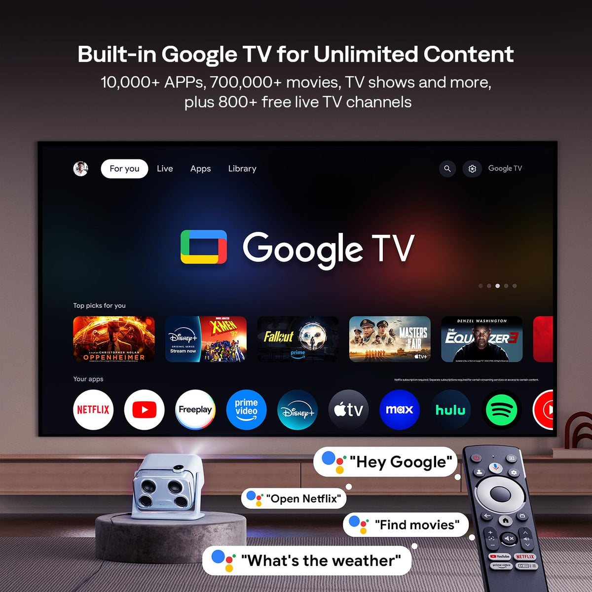 Aurzen BOOM mini Google TV Movie Projector with WiFi and Bluetooth, Voice Control, Family Mode, 20W Dolby Audio, Real-Time Focus, 4K Supported Smart