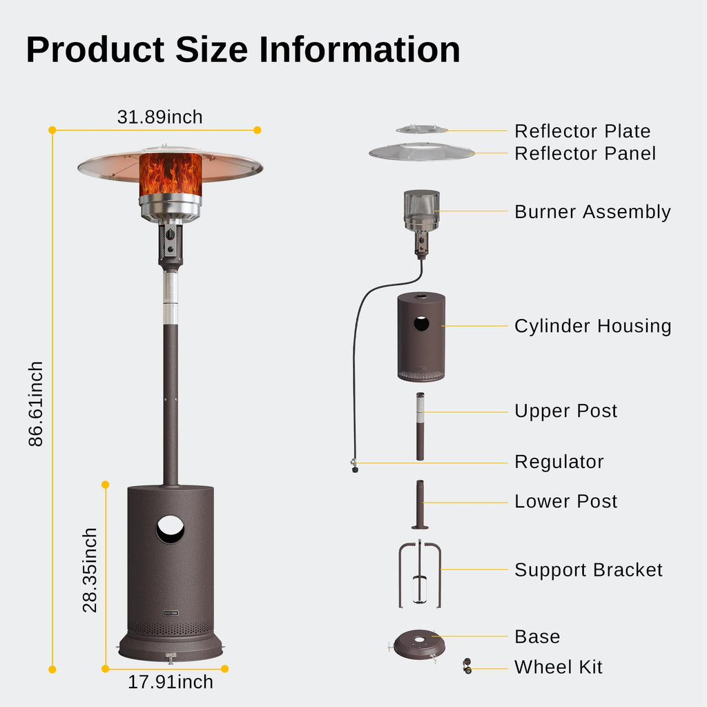 EAST OAK 48,000 BTU Pyramid Patio Heater, Quartz Glass Tube Propane Outdoor Heater with Wheels, Triple Safety Protection, 2025 Upgrade for Home