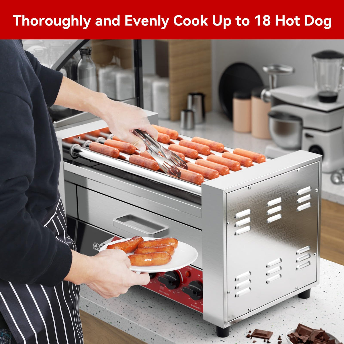 CROSSON 12 Hot Dog 5 Roller Grill Machine with Transparent Sneeze Guard,5 Nonstick 304SS Rollers Commercial Hot Dog Cooker Machine-120V, 750W