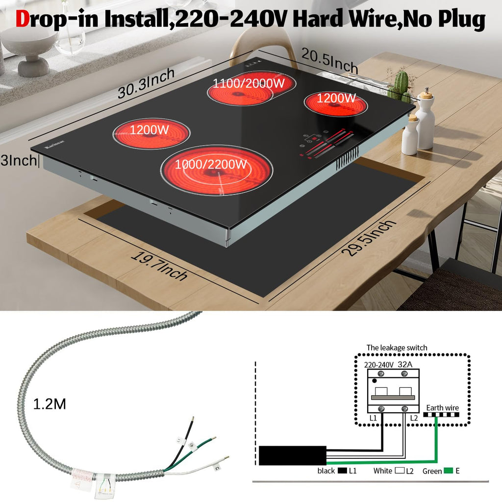 Karinear Electric Cooktop 30 Inch, 5 Burners Electric Stove 30 Inch Electri Ceramic Cooktop, 9 Power Level, Pause, Timer, Child Safety Lock, Triple
