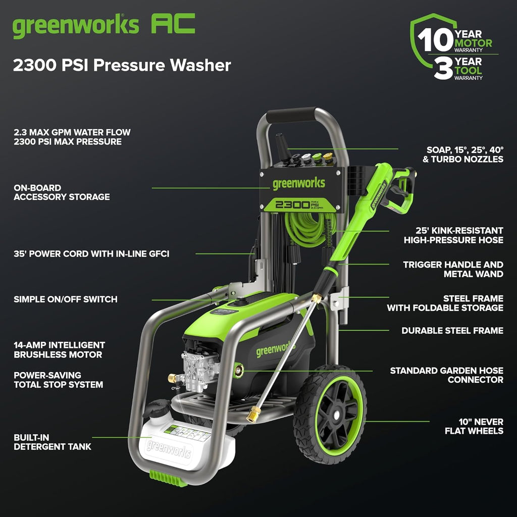 Greenworks Pro Brushless 2300 PSI (SGS Certified) 2.3 GPM Max / 1.2 GPM Electric Pressure Washer (Foldable Handles, Rugged Steel Frame, 25 FT Hose