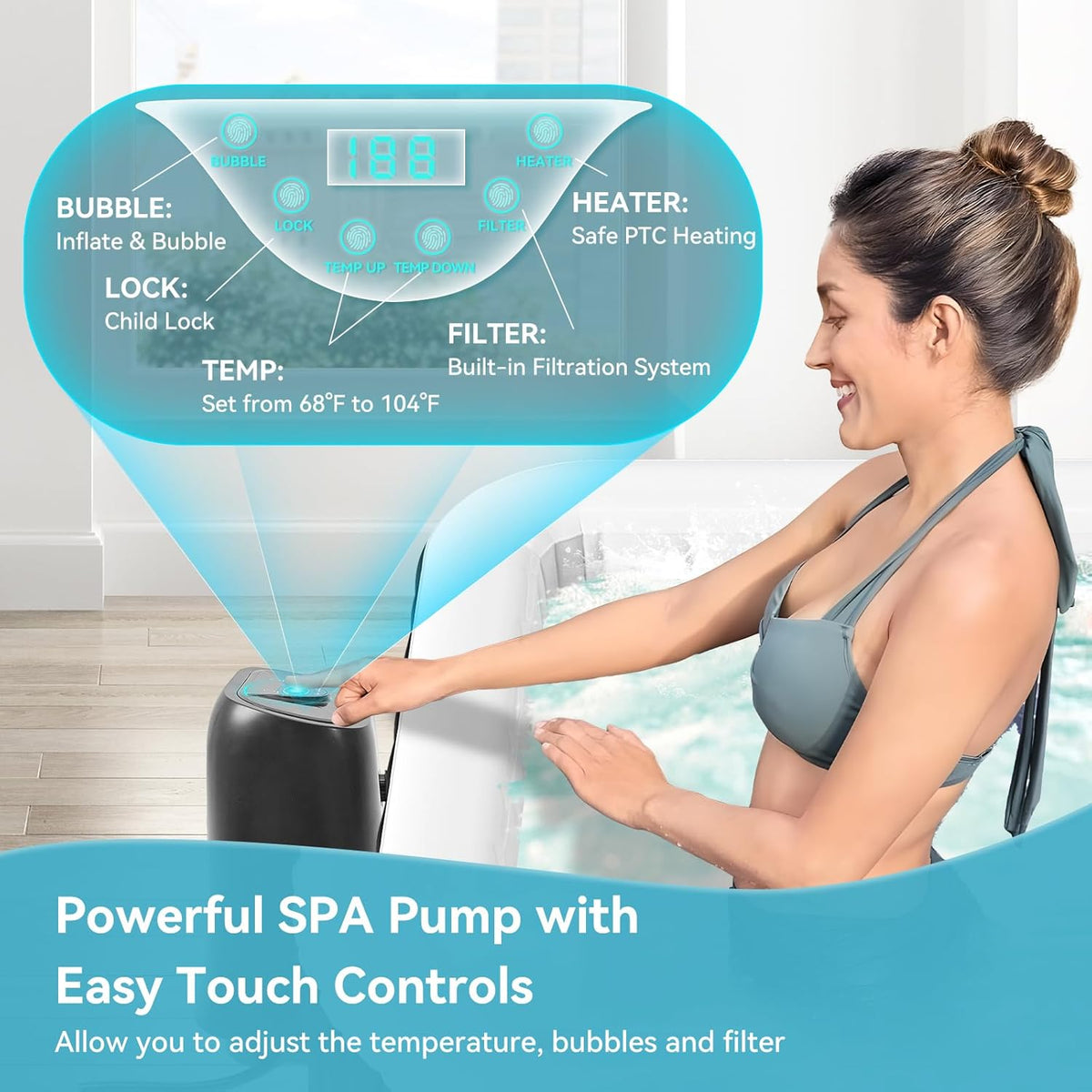Blow Up Inflatable Hot Tub, 4-6 Person Large Square Portable Hot Tub, Leak-Proof PVC Outdoor Spa with 130 Air Jets, Heater Pump and Insulated Cover