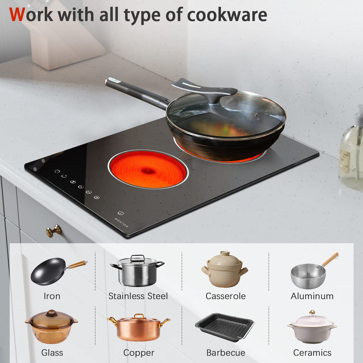 Noxton 30 Inch Electric Cooktop, 8400W 5 Burners Built-in Radiant Electric Stove Top, Slider Control, 9 Power Levels, Child Safety Lock, Timer, 220