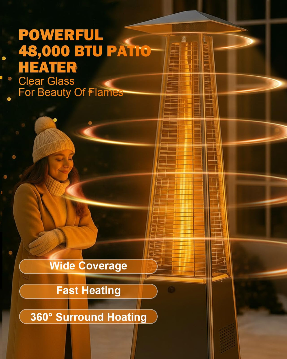 Pyramid Patio Heater, 48000 BTU Fast Heating Outdoor Heater for Large Spaces with Wheels & Weatherproof Cover, Triple Protection System for