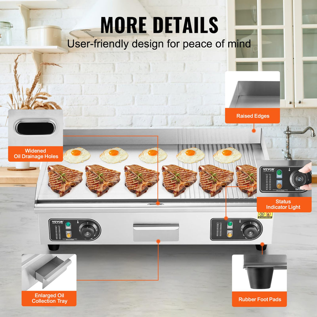 VEVOR Upgraded Commercial Electric Griddle, 2800W Stainless Steel Countertop Flat Top Grill, 26'' Griddle Grill with 2 Shovels and 2 Brushes, 122H