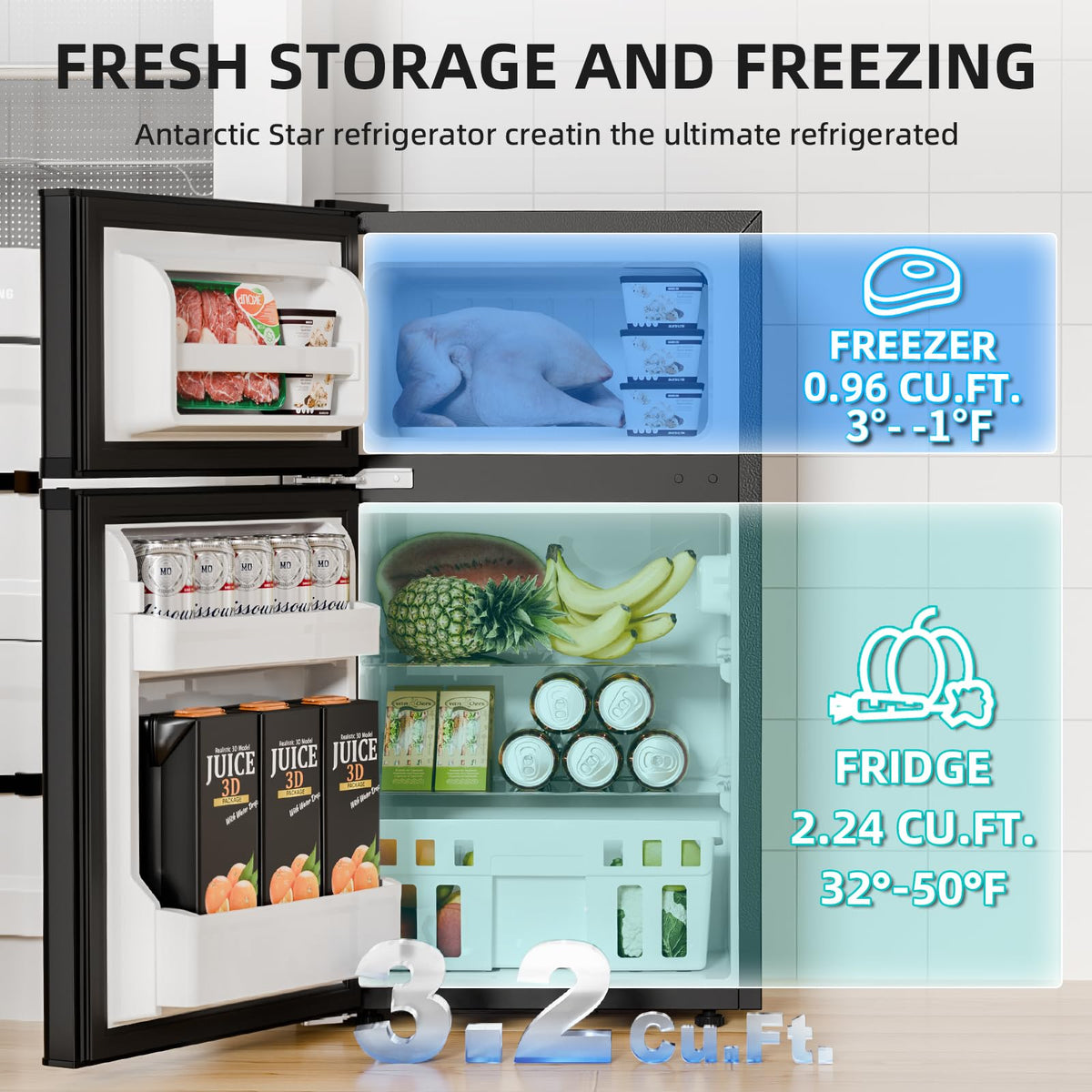 Antarctic Star Compact Refrigerator,4.5 Cu.Ft. Mini Separate Freezer Double 2-Door Adjustable Removable Shelves for Apartment/Dorm/Office,GREY