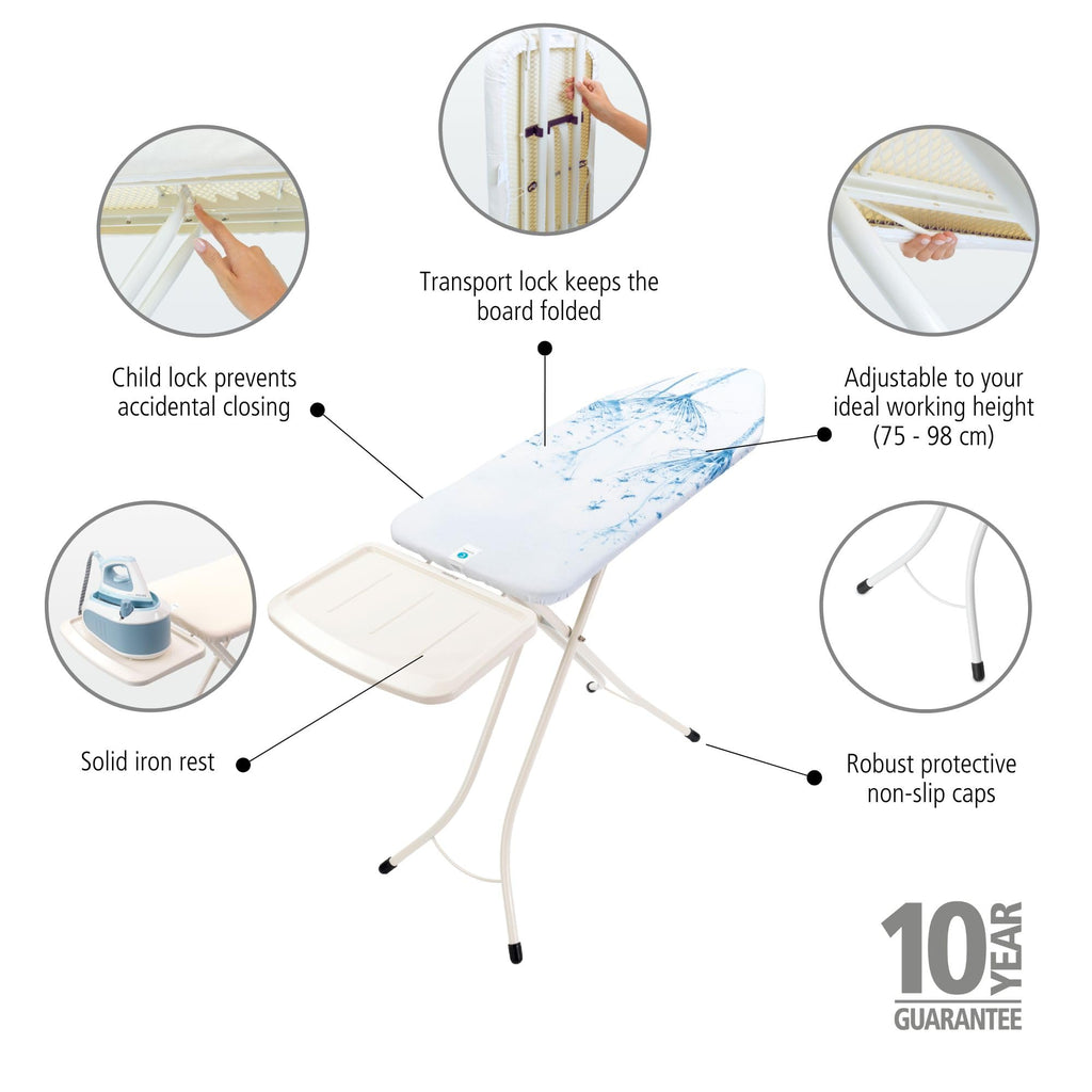 Brabantia Size C Ironing Board (49 x 18in) 7 Height Options, Adjustable Steam Iron Rest Holder & Linen Rack (Ecru) Non-Slip Feet, Anti-Collapse Child