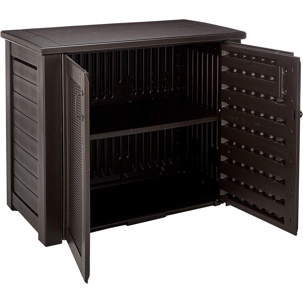 Rubbermaid Decorative Outdoor Storage Cabinet (123 Gal), Weather Resistant, Brown, Organization for Home/Backyard/Pool Chemicals/Toys/Garden Tools