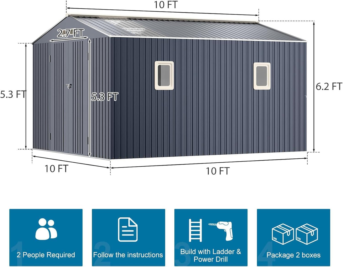 10x12 FT Metal Outdoor Storaged Shed with Floor Base Waterproof Heavy Duty Reinforced Frame with Unique Clear Roof Skyview Windows Air Vent for