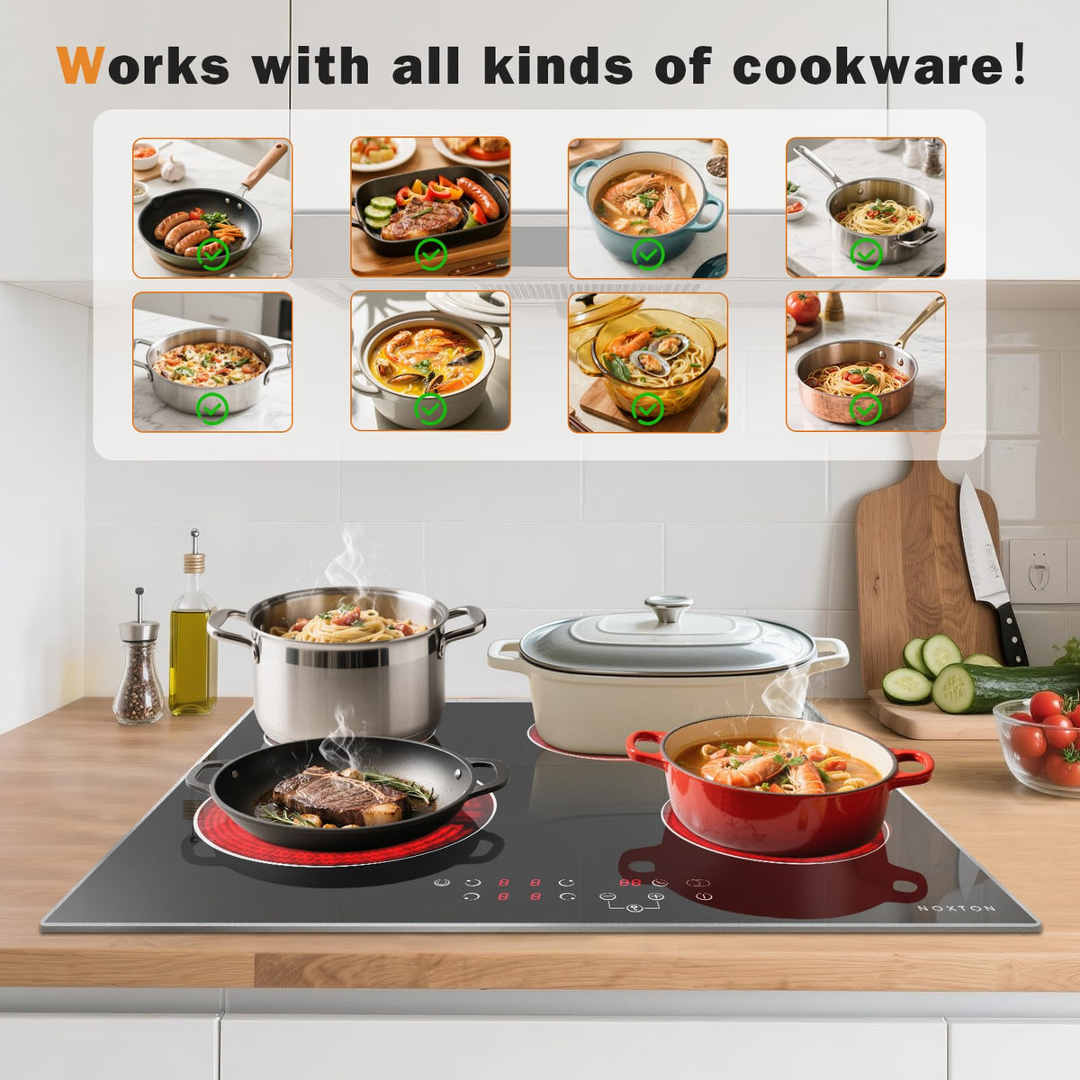 Noxton 30 Inch Electric Cooktop, 8400W 5 Burners Built-in Radiant Electric Stove Top, Slider Control, 9 Power Levels, Child Safety Lock, Timer, 220