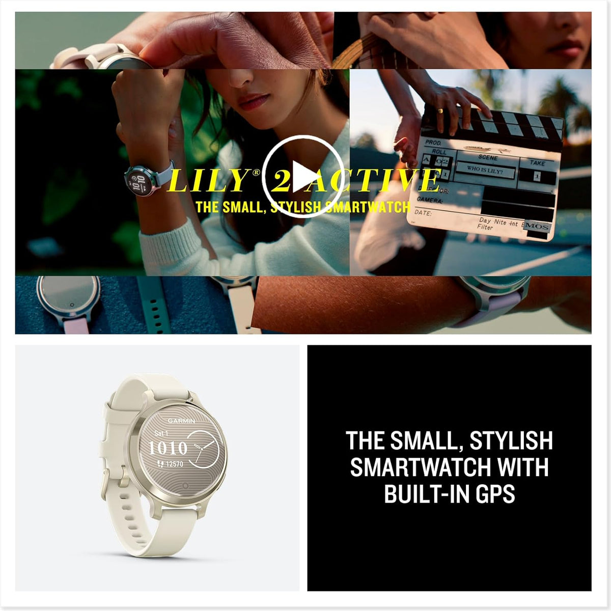 Garmin Lily® 2 Active, Small and Stylish Smartwatch, Built-in GPS, Hidden Display, Patterned Lens, Up to 9 Days Battery Life, Lunar Gold with