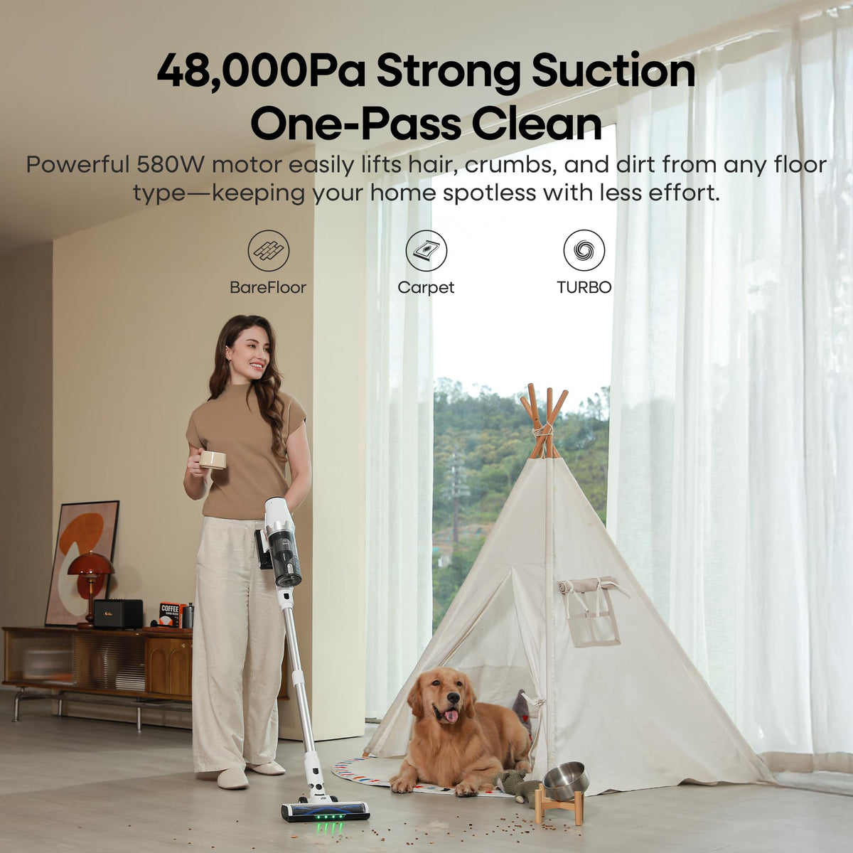 ElecKeys Cordless Vacuum Cleaner, 580W 48KPA 65Mins Vacuum Cleaners for Home, Self-Standing Anti-Tangle Vacuum with LED Display, Rechargeable