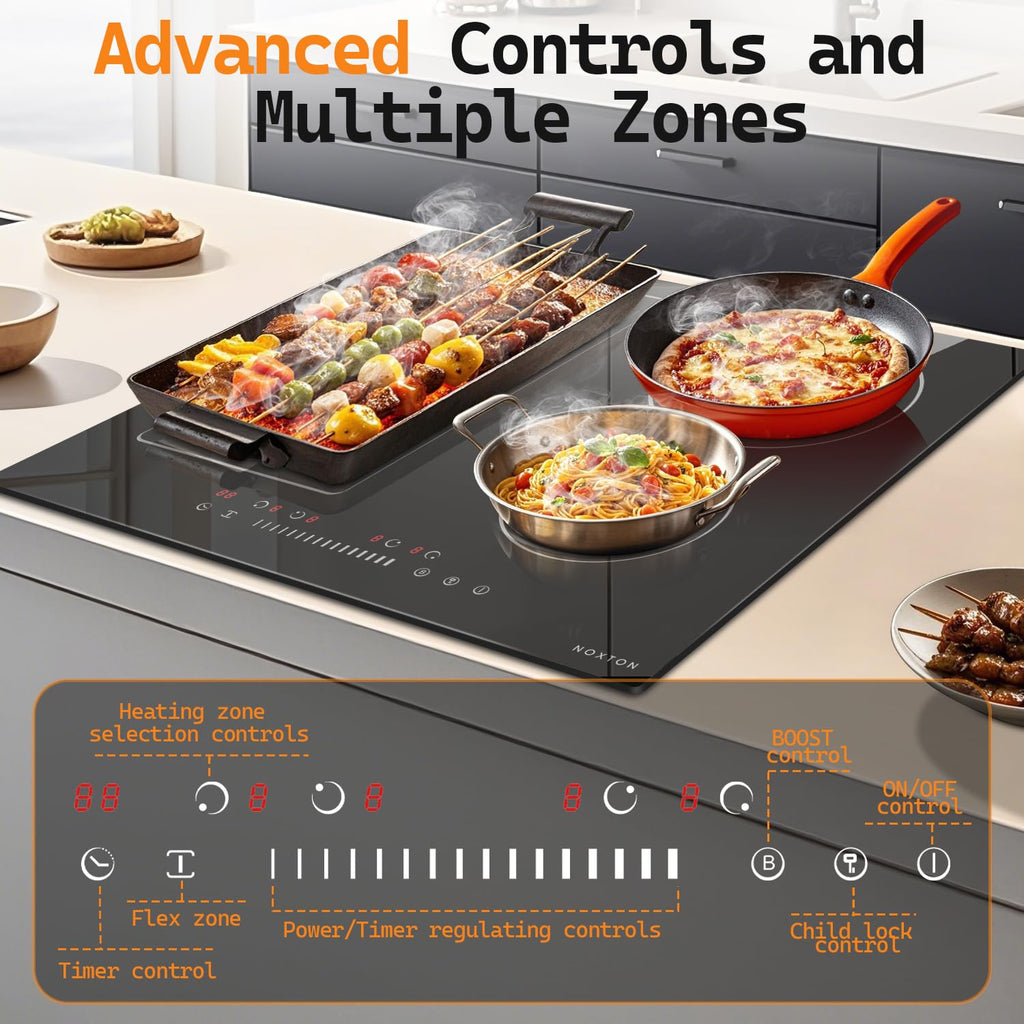 Noxton 24 Inch Induction Cooktop, 4 Burners Electric Cooktop, Upgraded Induction Stovetop with Flex Zone, Power Boost, Pause, 9 Power Levels, Child