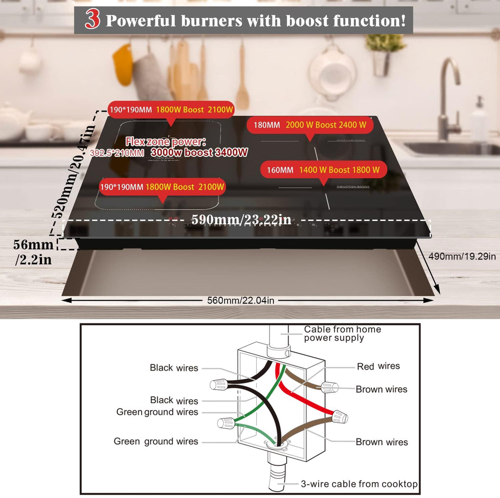 Karinear 24 Inch Induction Cooktop 3 Burners, 6800W Built-in Induction Stovetop with Flex Zone,Child Safety Lock, Timer, Boost, Slider Control Black