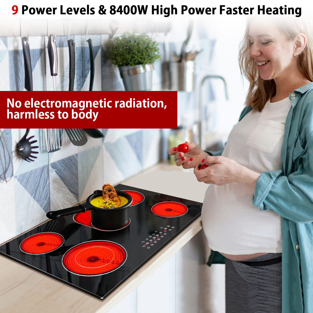 Noxton Electric Cooktop 30 Inch 5 Burners Electric Stove Top, Built-in Radiant Ceramic Cooktop with Sensor Touch Control, Child Safety Lock, Timer
