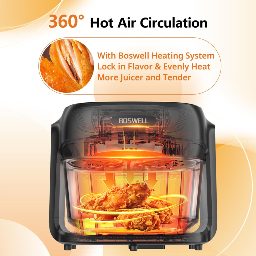 BOSWELL Glass Air Fryer, 7.5QT Borosilicate Bowl with Circulating Heat, Digital Touchscreen, 400F Max Temp, Oil-Free Fryer with Mist Function