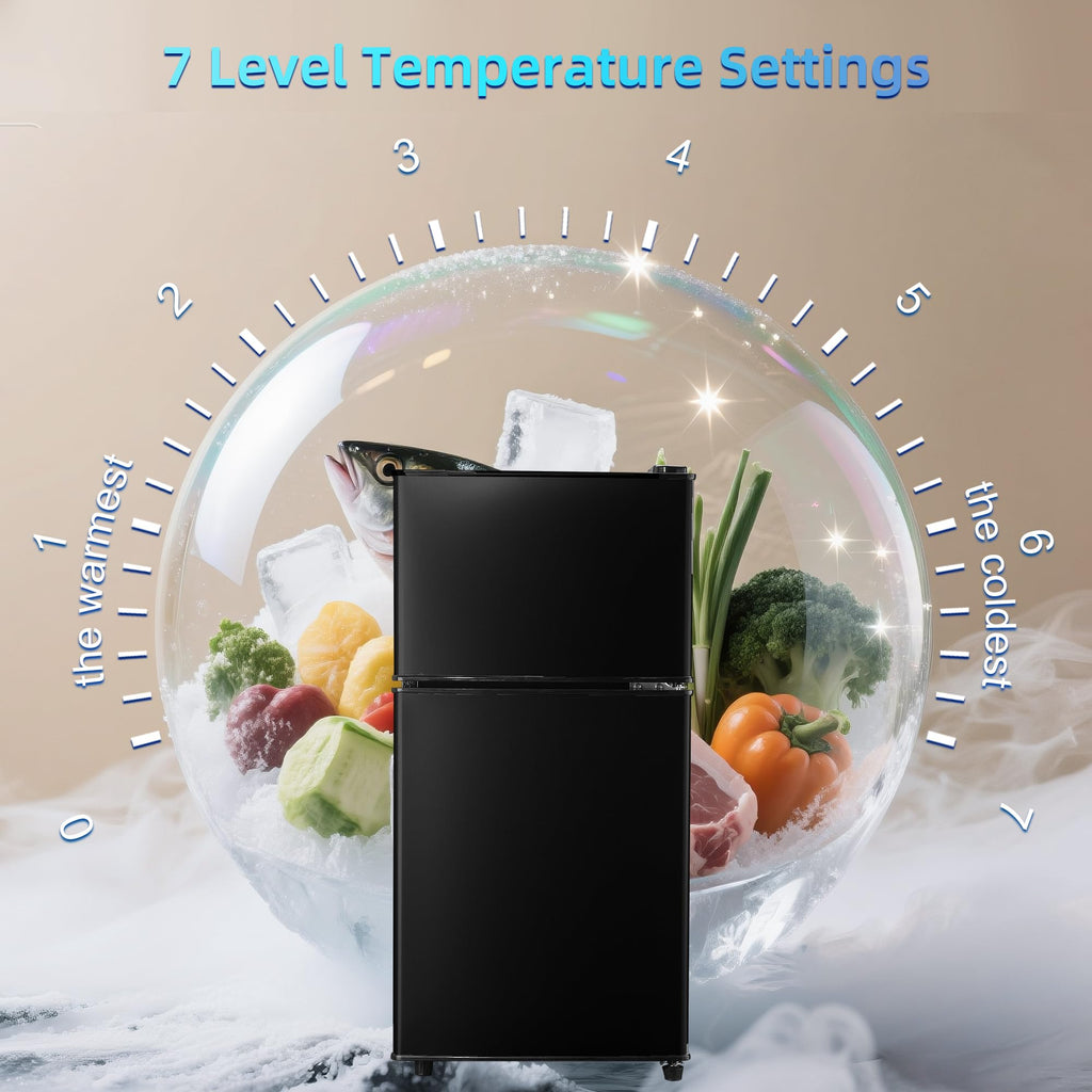 3.3 Cu. Ft. Mini Fridge with Freezer, Compact Refrigerator with Adjustable 7-Level Thermostat, Dorm Fridge for Kichen, RV, Office, Apartment, Black