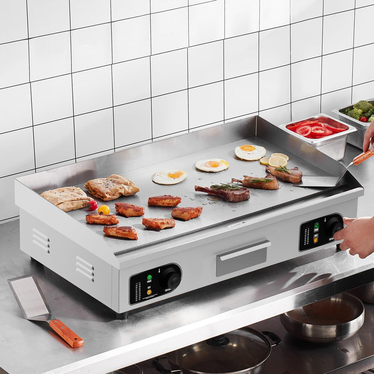VEVOR Upgraded Commercial Electric Griddle, 2800W Stainless Steel Countertop Flat Top Grill, 26'' Griddle Grill with 2 Shovels and 2 Brushes, 122H