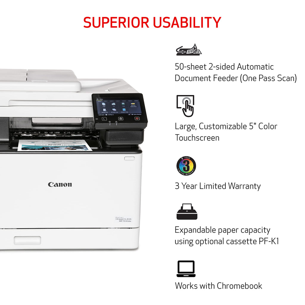 Canon Color imageCLASS MF753Cdw II - Wireless Duplex Laser Printer, All-in-One with Scanner, Copier, Fax, Auto Document Feeder, 3 Year Limited