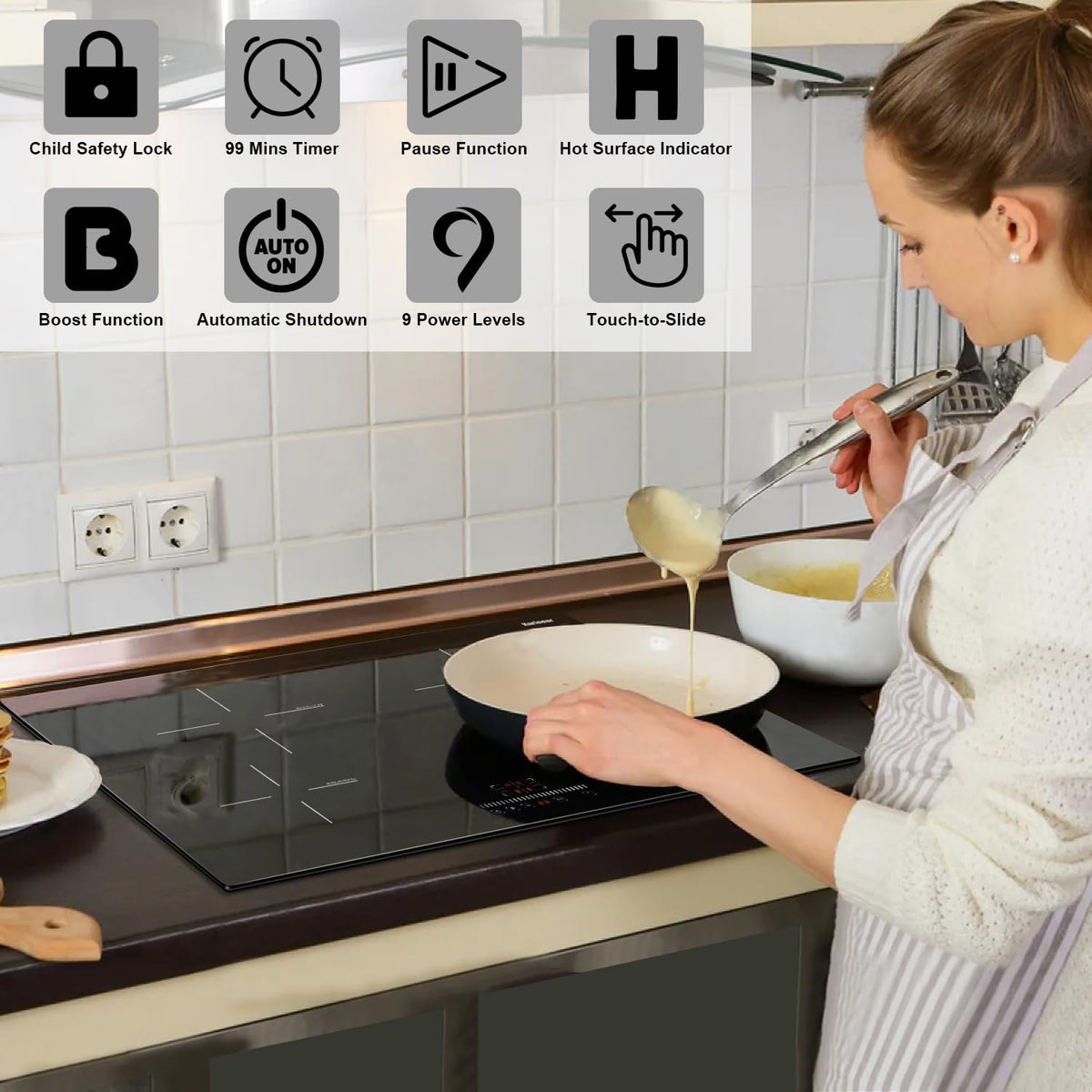 Karinear 24 Inch Induction Cooktop 3 Burners, 6800W Built-in Induction Stovetop with Flex Zone,Child Safety Lock, Timer, Boost, Slider Control Black