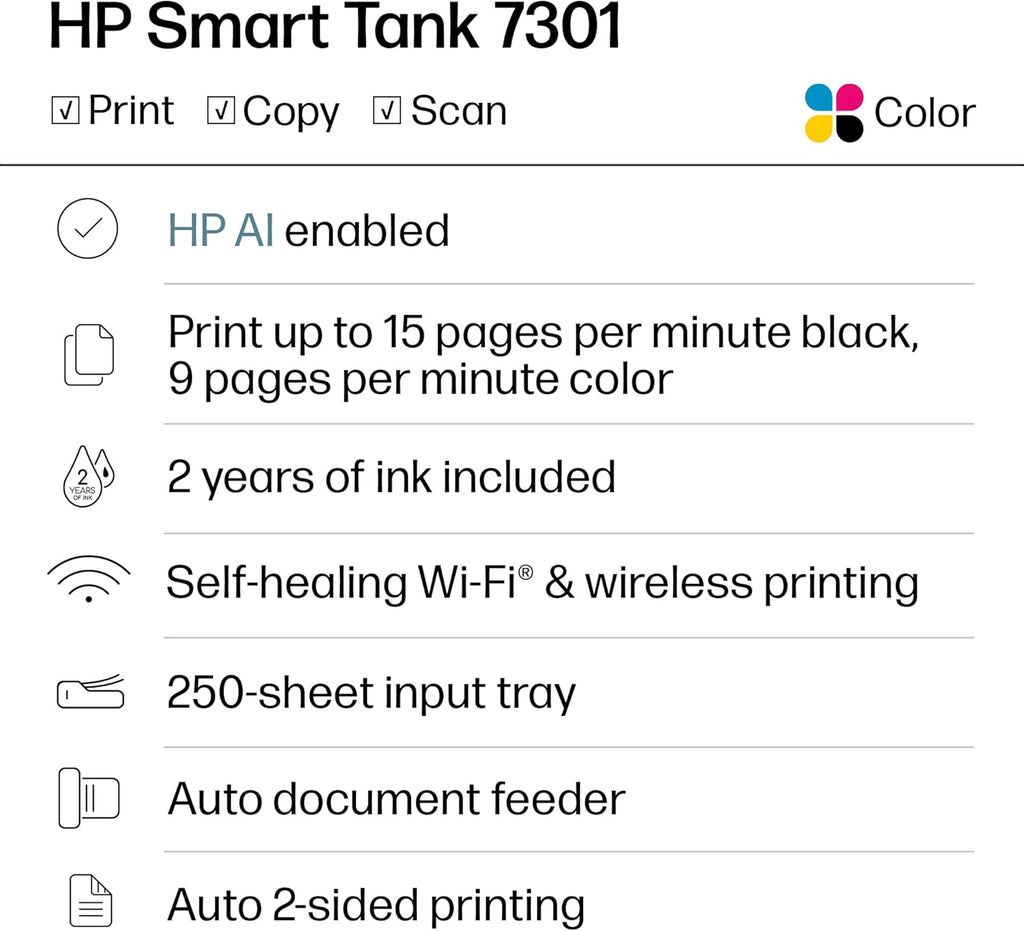 HP Smart Tank 7301 Wireless All-in-One Ink Tank Printer, Scanner, Copier with 2 Years of Ink Included, Best-for-Home Office, Cartridge-Free