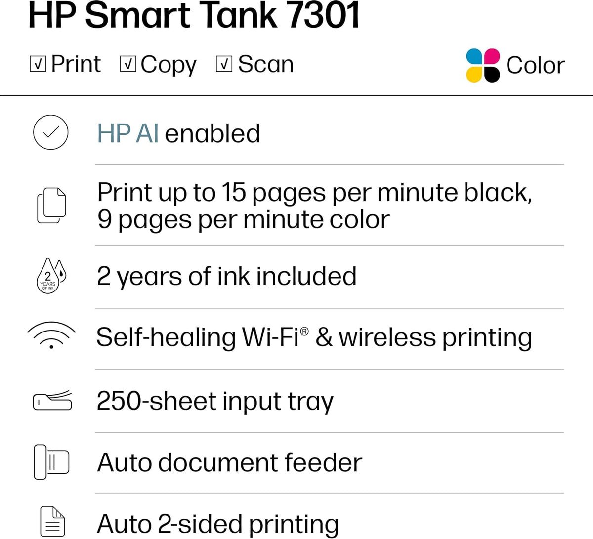 HP Smart Tank 7301 Wireless All-in-One Ink Tank Printer, Scanner, Copier with 2 Years of Ink Included, Best-for-Home Office, Cartridge-Free