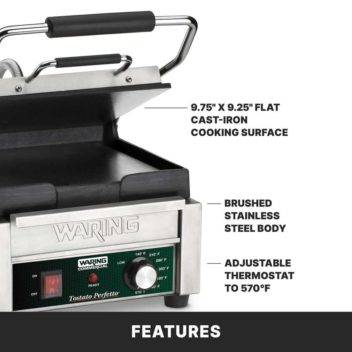 Waring Commercial WFG150 Tostato Perfetto® Compact Flat Toasting Grill, 120V, 1800W, 5-15 Phase Plug