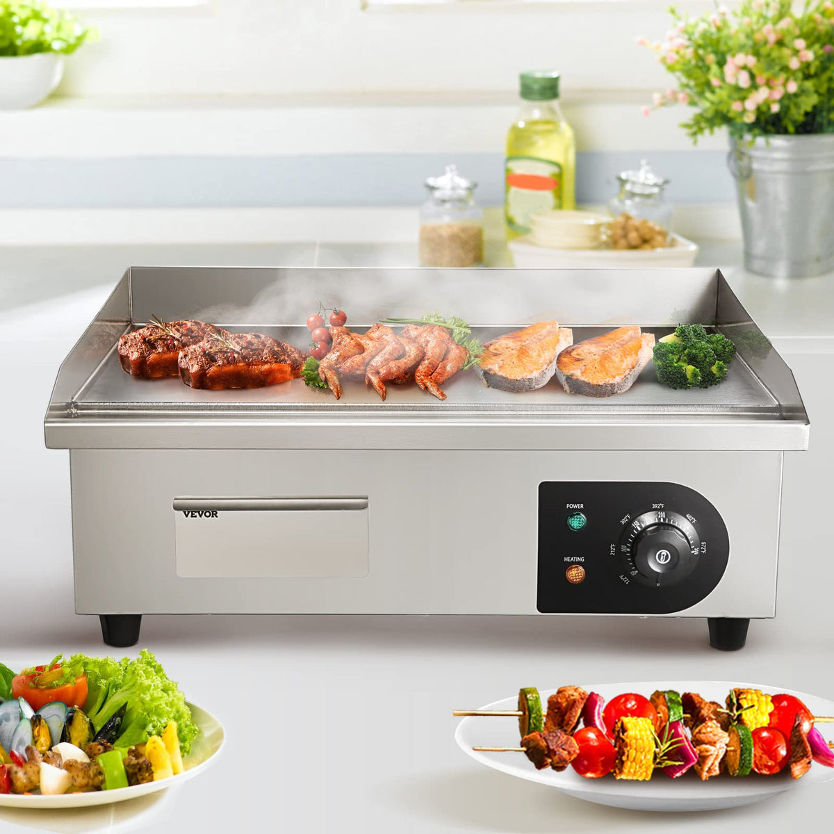 VEVOR Upgraded Commercial Electric Griddle, 2800W Stainless Steel Countertop Flat Top Grill, 26'' Griddle Grill with 2 Shovels and 2 Brushes, 122H