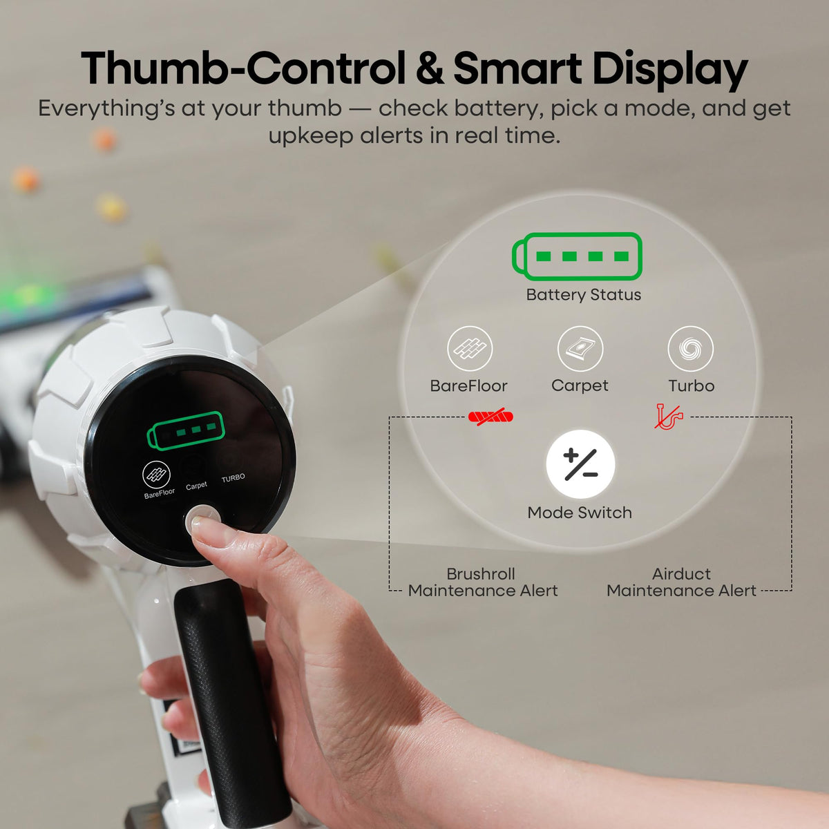 ElecKeys Cordless Vacuum Cleaner, 580W 48KPA 65Mins Vacuum Cleaners for Home, Self-Standing Anti-Tangle Vacuum with LED Display, Rechargeable