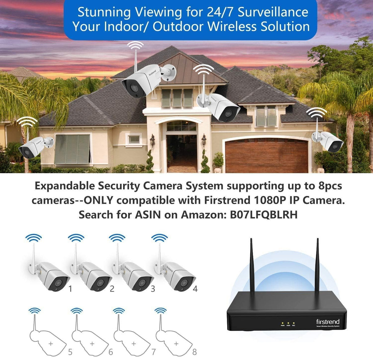 Security Camera System Wireless,Firstrend 1080P 8CH Wireless Home Security Systems with 4 pcs 2MP Full HD Cameras 1TB HDD Night Vision Motion