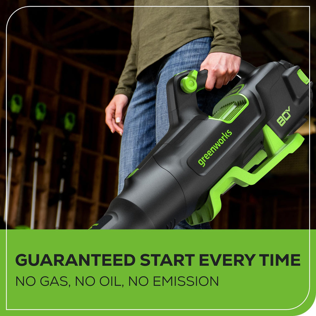 Greenworks 80V Brushless Cordless Yard Tool Combo Kit with 2.0Ah Battery & Rapid Charger C 16" Dual-Line String Trimmer and 500 CFM / 125 MPH Leaf