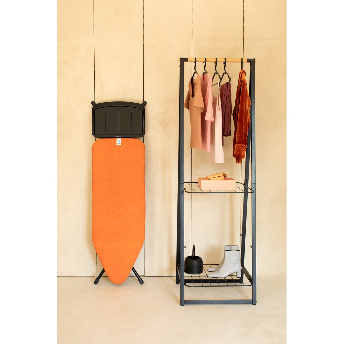 Brabantia Size C Ironing Board (49 x 18in) 7 Height Options, Adjustable Steam Iron Rest Holder & Linen Rack (Ecru) Non-Slip Feet, Anti-Collapse Child