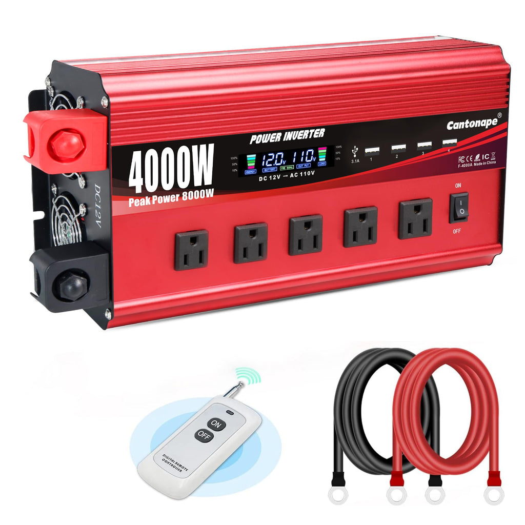 4000W Power Inverter 12V to 110V/120V DC to AC with LCD Display, Remote Controller 5 x AC Outlets and 4 x 3.1A USB Car Adapter for Car Truck Boat RV