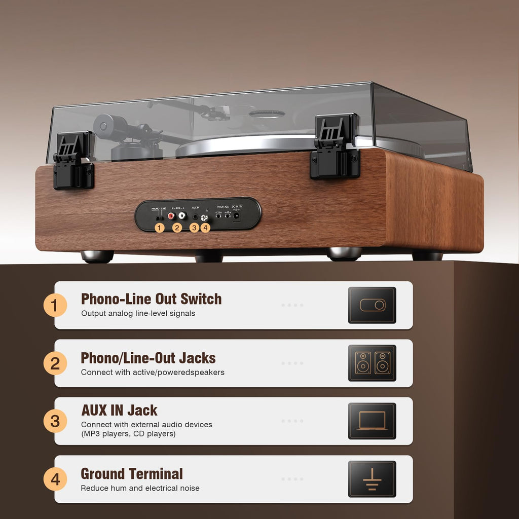 1 by ONE High Fidelity Belt Drive Turntable with Built-in Speakers, Vinyl Record Player with Magnetic Cartridge, Bluetooth Playback and Aux-in