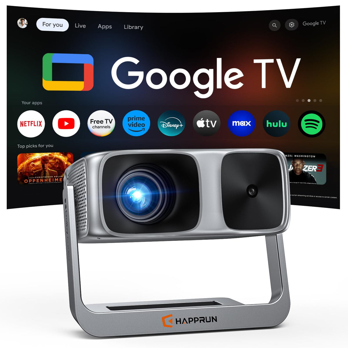 2000 ANSI Official Licensed Google TV Outdoor Projector 4K Full HD, Smart Projector with Wifi and Bluetooth, Auto Focus, Dolby Sound, Built-in Apps