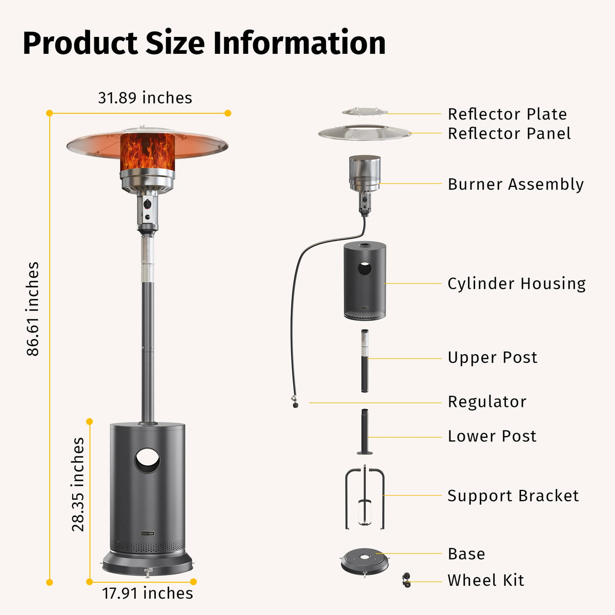 EAST OAK 48,000 BTU Pyramid Patio Heater, Quartz Glass Tube Propane Outdoor Heater with Wheels, Triple Safety Protection, 2025 Upgrade for Home