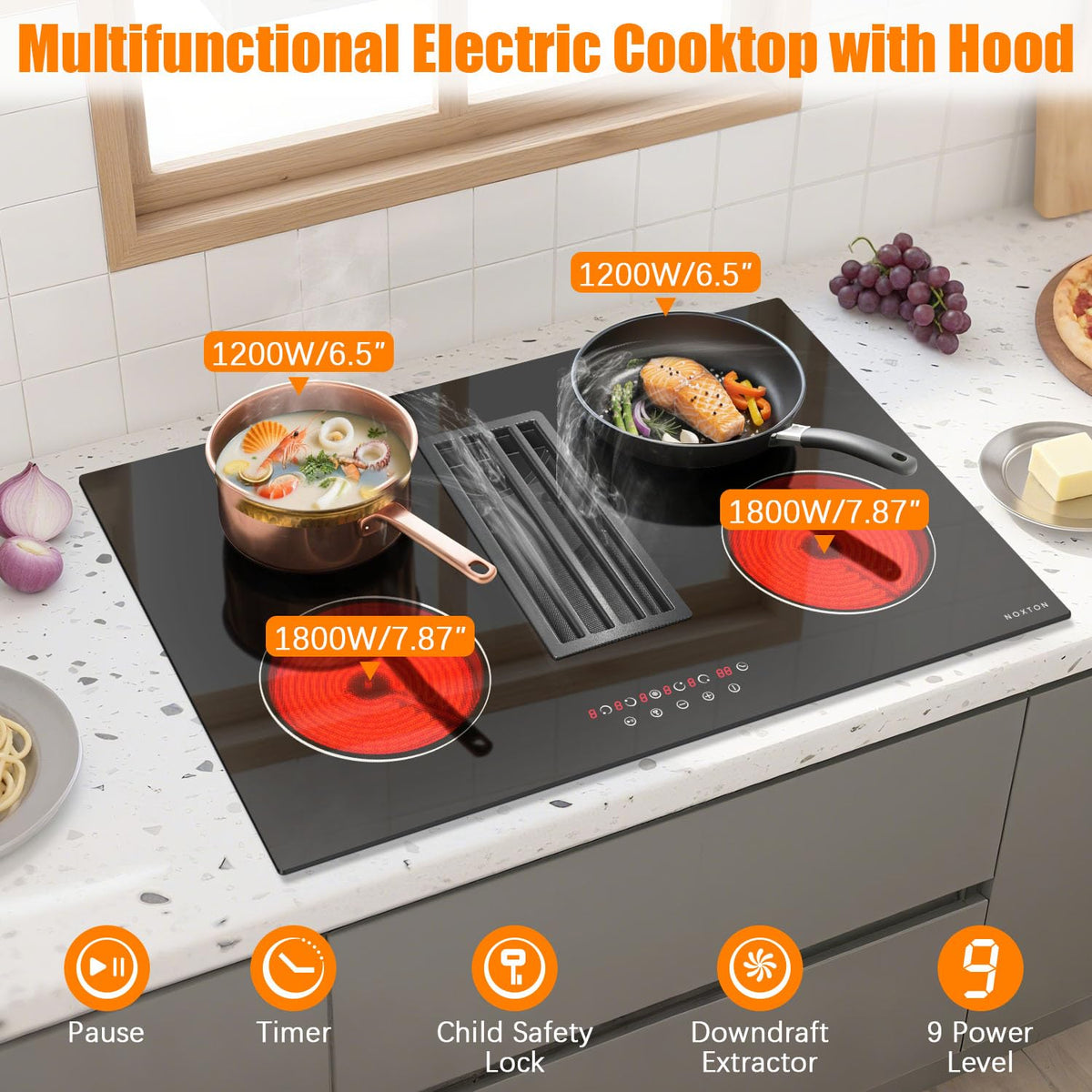 Noxton 30 Inch Electric Cooktop, 8400W 5 Burners Built-in Radiant Electric Stove Top, Slider Control, 9 Power Levels, Child Safety Lock, Timer, 220