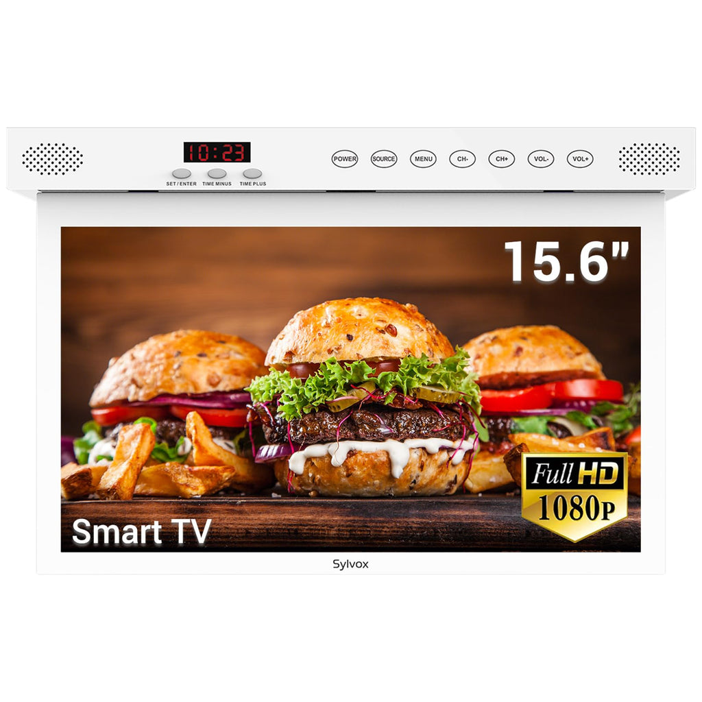 SYLVOX 15.6" Kitchen TV, 1080P FHD Under Cabinet TV with App Store, Voice Assistant, Chromecast, 12-Volt for Small Spaces, Kitchen, Bedroom, RV