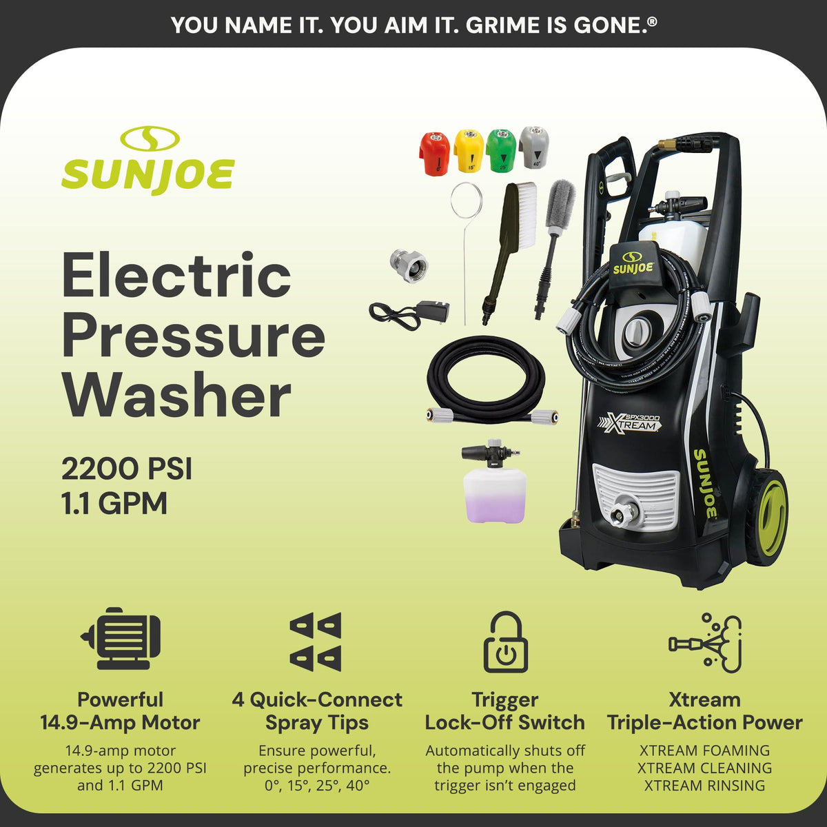 Sun Joe SPX3000-XT1 XTREAM 2,500 PSI Pressure Washer with 14.9A Motor, Includes 4 Quick-Connect Nozzles, High-Pressure Hose, Garden Hose Adapter, and