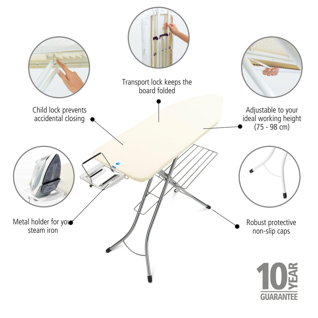 Brabantia Size C Ironing Board (49 x 18in) 7 Height Options, Adjustable Steam Iron Rest Holder & Linen Rack (Ecru) Non-Slip Feet, Anti-Collapse Child