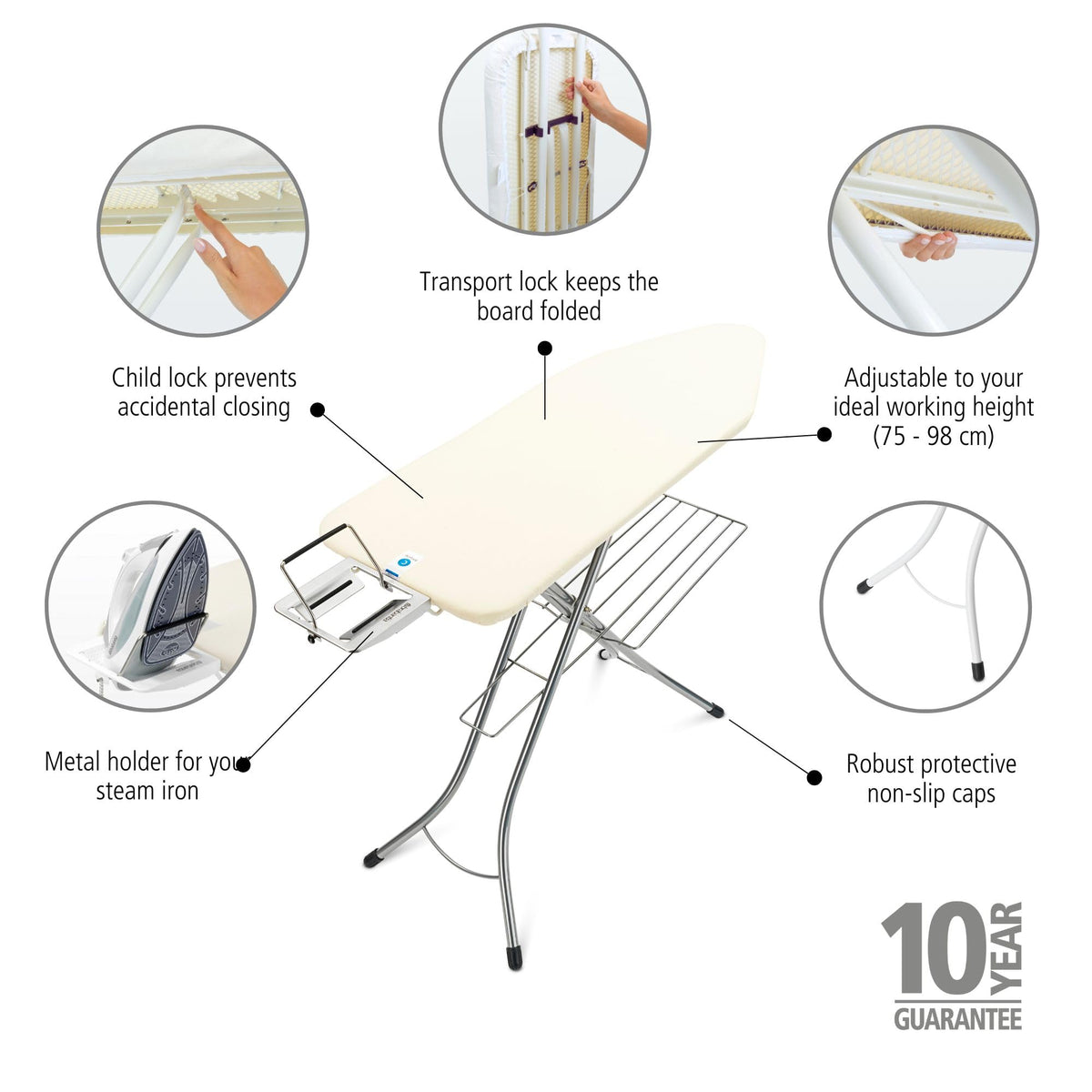 Brabantia Size C Ironing Board (49 x 18in) 7 Height Options, Adjustable Steam Iron Rest Holder & Linen Rack (Ecru) Non-Slip Feet, Anti-Collapse Child